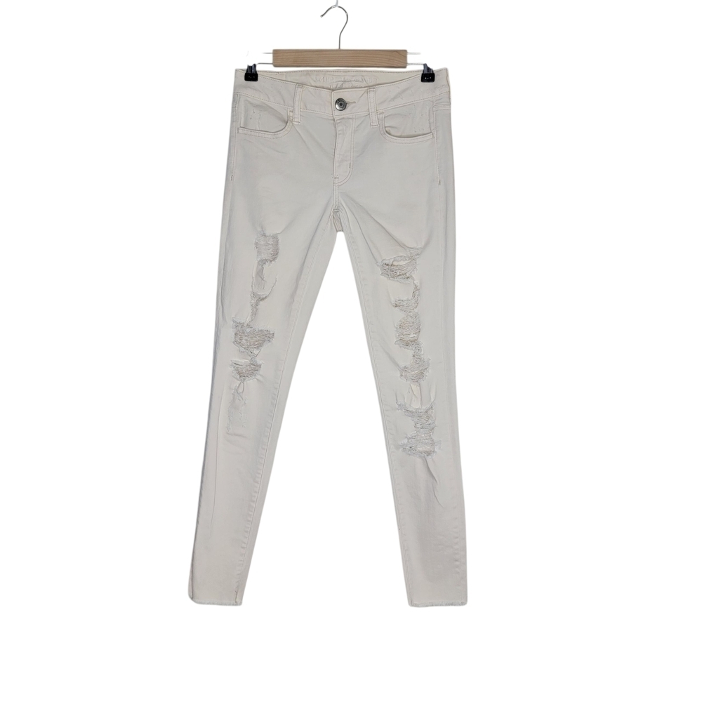 American Eagle Outfitters Cream White Super Stretch Jegging Distressed Jeans